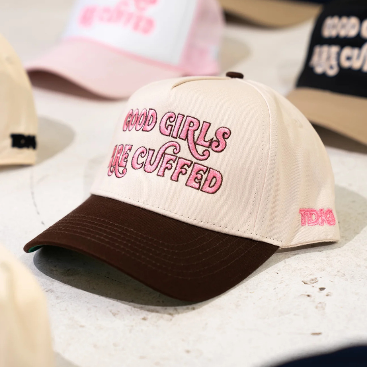 Good Girls Are Cuffed Curved Brim Snapback - Khaki/Brown + Pink Embroidery