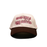 Good Girls Are Cuffed Curved Brim Snapback - Khaki/Brown + Pink Embroidery