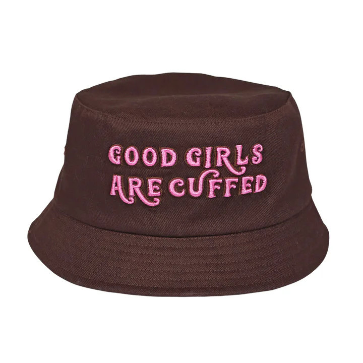 Good Girls Are Cuffed Bucket Hat - Brown + Pink Logo