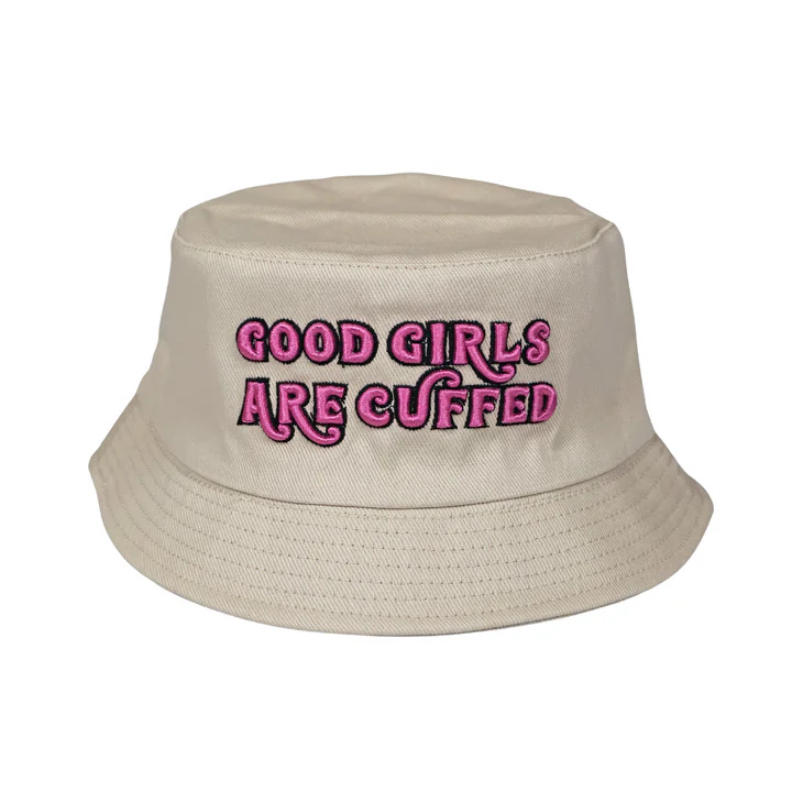 Good Girls Are Cuffed Khaki Bucket Hat - Pink Logo