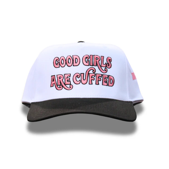 Good Girls Are Cuffed Curved Brim - Black /White + Pink Logo Design